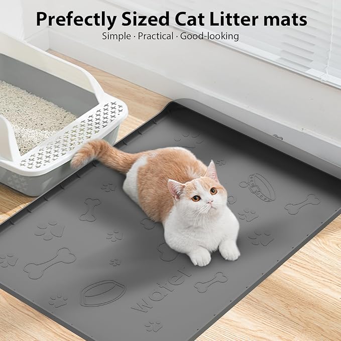 Silicone Pet Feeding Mat with Raised Edge for Food and Water, Dog Cat Food Mats Contain Spills Protects Floors, Dog Cat Bowls Placemat with High Lip for Floor Waterproof, Pets Accessories 19"x12"