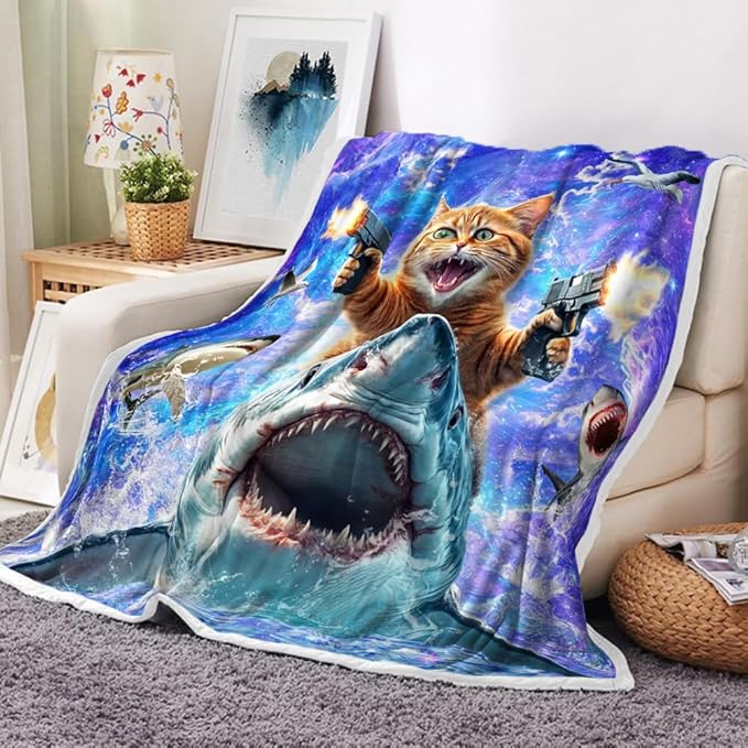 Funny Cat Blanket for Teens, Cool Cat Riding Shark Design Cute Cat Lover Throw Blankets for Girls Boys Adult Women Men Plush Cozy Flannel Fleece Ultra Soft Fuzzy Nebula Galaxy Kitten Party Blanket