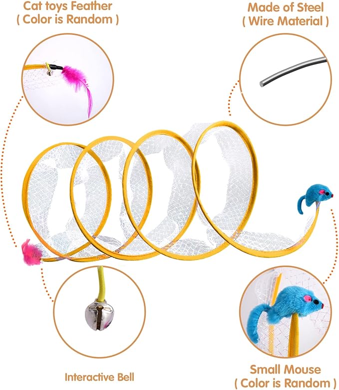 Abnaok Folded Tunnel Cat Toys, Interactive Indoor Cat Tunnels, Safe and Durable, Portable and Foldable, S-typed Spring Design