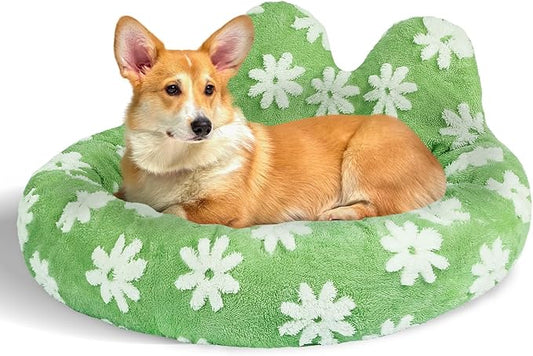 Cat Bed & Dog Bed, Removable Cozy Soft Cat Bed Washable Round Cute Dog Bed with Jacquard for Small Medium Cats and Dogs, Green Flower L