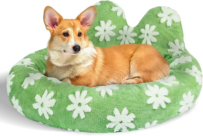 Cat Bed & Dog Bed, Removable Cozy Soft Cat Bed Washable Round Cute Dog Bed with Jacquard for Small Medium Cats and Dogs, Green Flower M