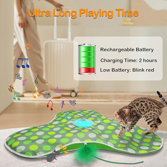 Interactive Cat Toys Rechargeable,Moving Concealed Feathers,Real Mouse Squeaky,Touch Activated Cat Kitten Toy Cat Exercise Toys for Indoor Bored Adult Cats