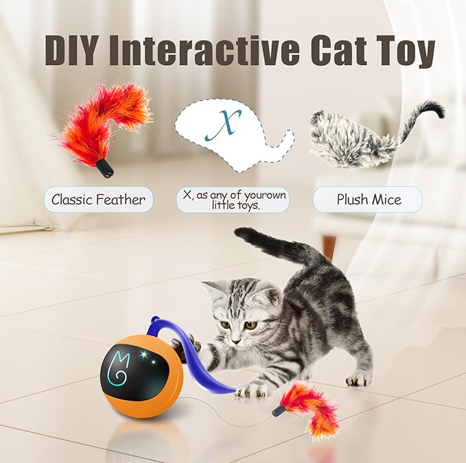 Migipaws Interactive Cat Ball Toy Set, Fun Tracker, Automatic Rolling Chase Ball with Fluffy Tail, A Small Mice, Rechargeable（Orange）
