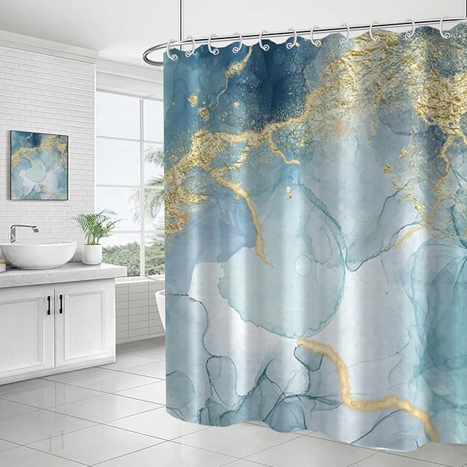 AWERT Teal Marble Shower Curtain for Bathroom Waterproof Quick-Drying Modern Abstract Shower Curtain Set with Hooks 60x72 Inch