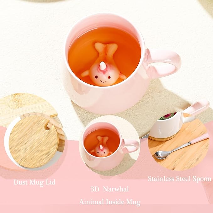 BigNoseDeer Kawaii Pink Unicorn Mug - 3D Narwhal Inside, Ceramic Coffee Mug with Lid & Spoon for Teen Girls & Women, 13.5oz