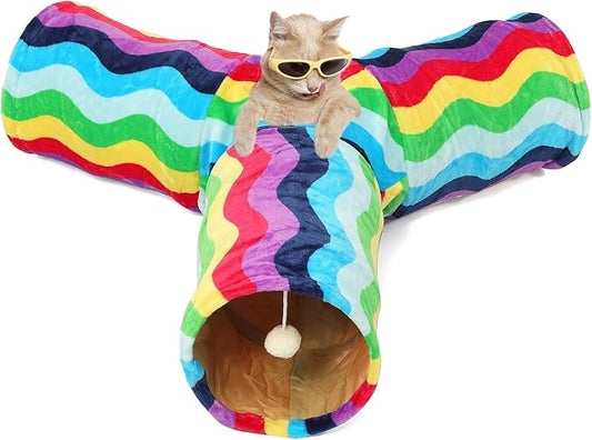 LUCKITTY Cat Tunnel - 3 Way-Shaped, Rainbow Wave Color, Soft Velvet Exterior, Oxford Fabric Fog-Proof Interior, Plush Toy Ball, Easily Washable, Conveniently Foldable