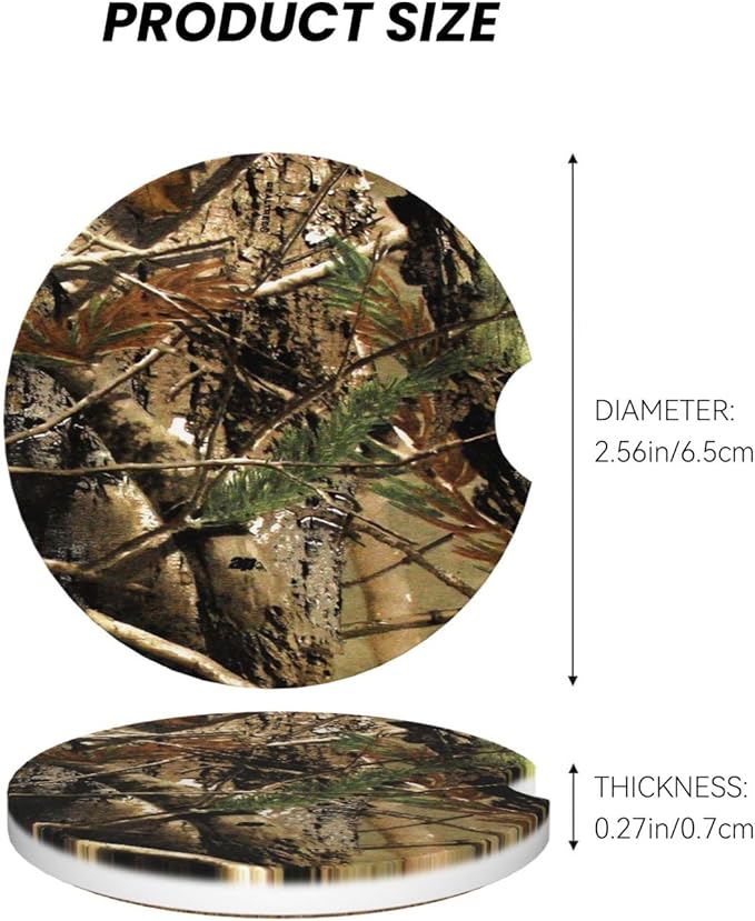 Absorbent Ceramic Car Coasters for Cup Holders, Camo Leaf Design 2.56" Anti Slip Universal Drink Cup Coasters for Women Men (2 Pack)