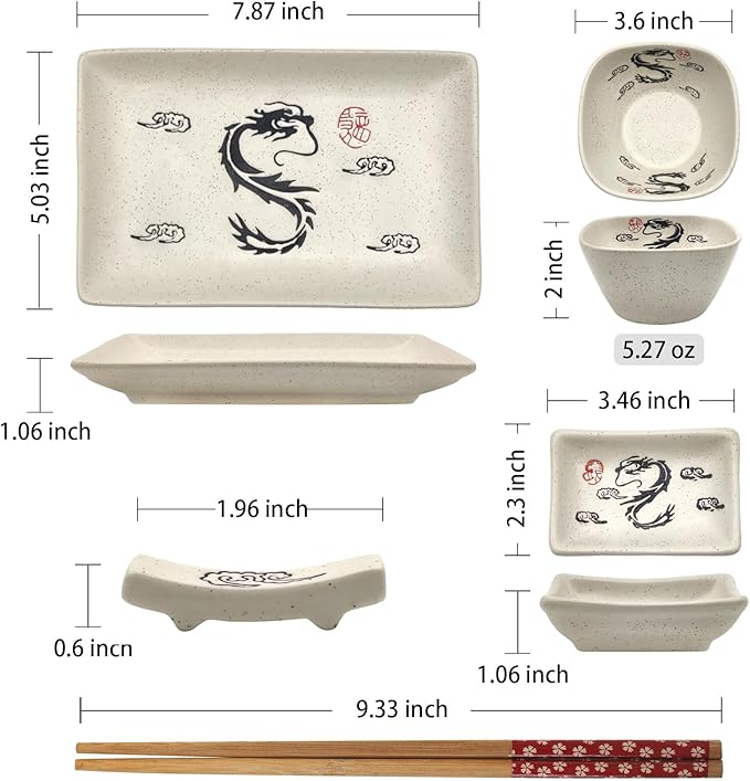 8 pcs Japanese Sushi Plate Sets Serving Platters and Trays for Entertaining Sushi Dishes Set Plates Sushi Plates Traditional Cuisine Dinnerware Sets with Chopsticks Dragon