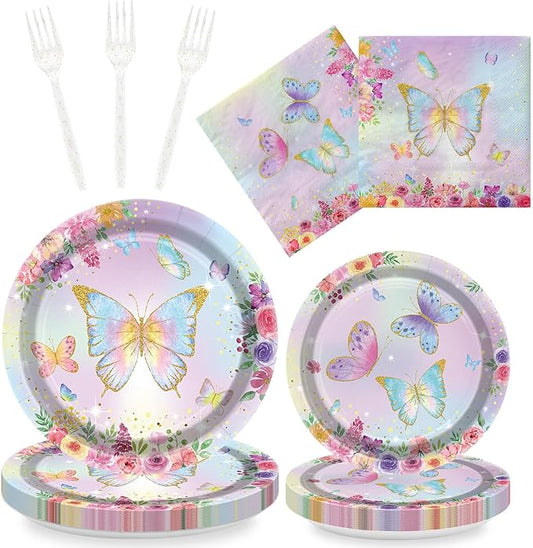 96PCS Butterfly Party Decorations Flower Fairy Birthday Tableware Flower Paper Plates Butterfly Plates Napkins Dinnerware for Baby Shower Party Supplies, Serves 24
