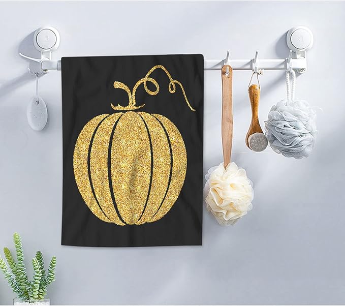 AOYEGO Gold Glitter Pumpkin Bath Towel Thanksgiving Day Halloween Autumn Festival Beach Bath Towels Soft Microfiber Yoga/Golf/Swim/Hair/Face Towels 15x30 Inch
