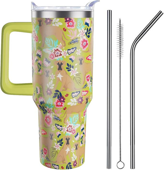 Boxer Dog Gifts for Women Dog Lovers 40 oz Floral Boxer Lover Tumblers with Handle and Straw, Stainless Steel Vacuum Insulated Travel Coffee Mug Cup Water Bottle