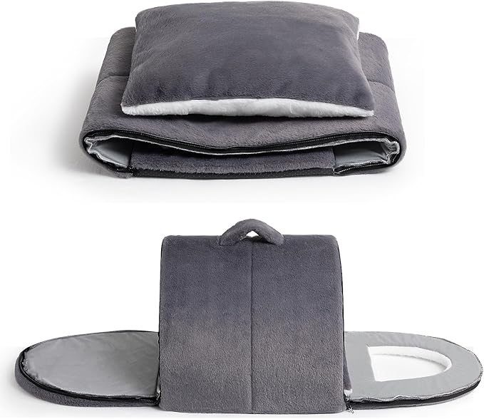 Hollypet Fluffy Cat Bed, 2 in 1 Foldable Cave House Animal Shaped Nest Pet Sleeping Bed, Deep Gray