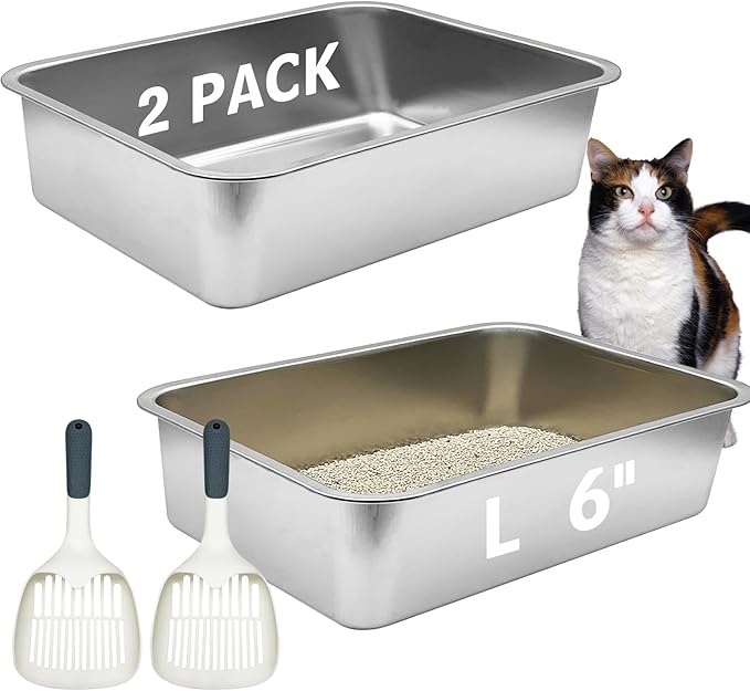 BNOSDM Stainless Steel Litter Box 2 Pack Large Metal Cat Litter Boxes with Litter Scoops, 6Inch Deep Pan Odor Control Non Stick Pet Toilet Litter Tray for Adult Cats (19.7x13.8x6 Inches)