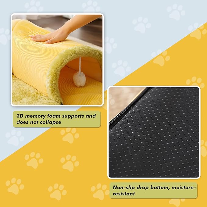 Cat Tunnel Bed for Indoor Cats, 2in1 Cat Bed and Tunnel Cat Toys,27.55IN Large Size Cat Carpet Tunnel Suitable for All Seasons, Detachable, Washable for Cats and Small Pets&Yellow