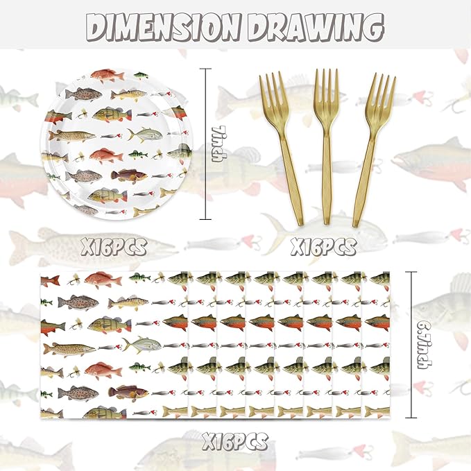 48Pcs Fishing Birthday Party Decorations for Men Women Fishing Party Decorations with Birthday Sign Baby Shower Forks Plates and Napkins Set SuppliesServe 16
