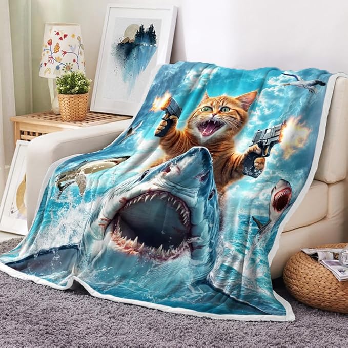 Cute Cat Throw for Kids, Cool Kitty Riding Shark on Blue Grey Ocean Fleece Throw Blanket Cozy Soft Lightweight Couch Sofa Bed,Blue Blankets Bedding Gifts for Girls Boys Teens Cute Throw Blanket
