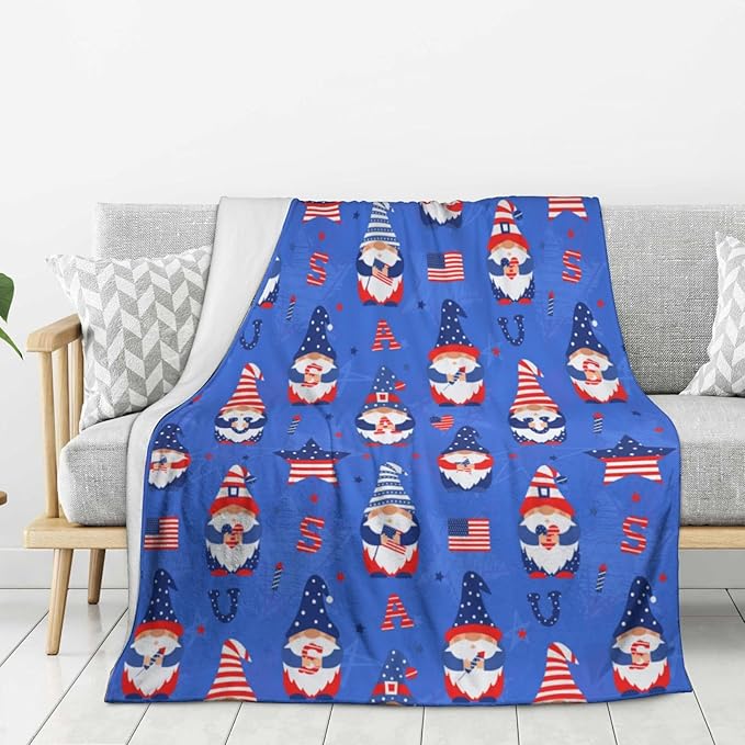American Gnome Patriotic Blanket Throw 80"x60", Plush Flannel 4th of July Memorial Day Blanket, Soft Warm Decorative for Kids Women Adults