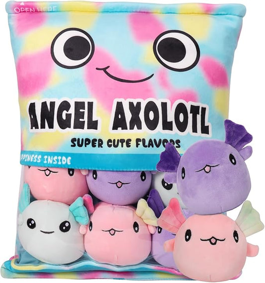 Axolotl Plush Pillow, Cute Axolotl Pillow with Axolotl Plushies, Bag of Axolotl Stuffed Animal Dolls, Stuffed Axolotl Gift for Kids, Cute Plush Axolotl Toy for Birthday, Christmas (Colorful Axolotl)
