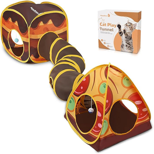 Cat Tunnel Toy and Cubes Combo Cat Tunnels for Indoor Cats Tube with Play Ball,Interactive Crinkle Collapsible Tent for Hiding Hunting and Resting, All in One Set of 3, Pizza