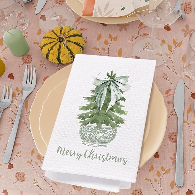 Merry Chinoiserie Christmas Kitchen Towels, Sage Green Porcelain Tree Hand Towels for Bathroom, Bow Dish Towels, Kitchen Bathroom Decor, 16x24 Inch
