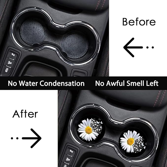 Car Coasters for Cup Holders,2 Pack White Daisy Butterfly Car Cup Holder Coasters,2.75" Universal Size Anti Slip Rubber Mat,Automotive Cup Holder Decal Decor Accessories,Daisy Gifts for Women,Men