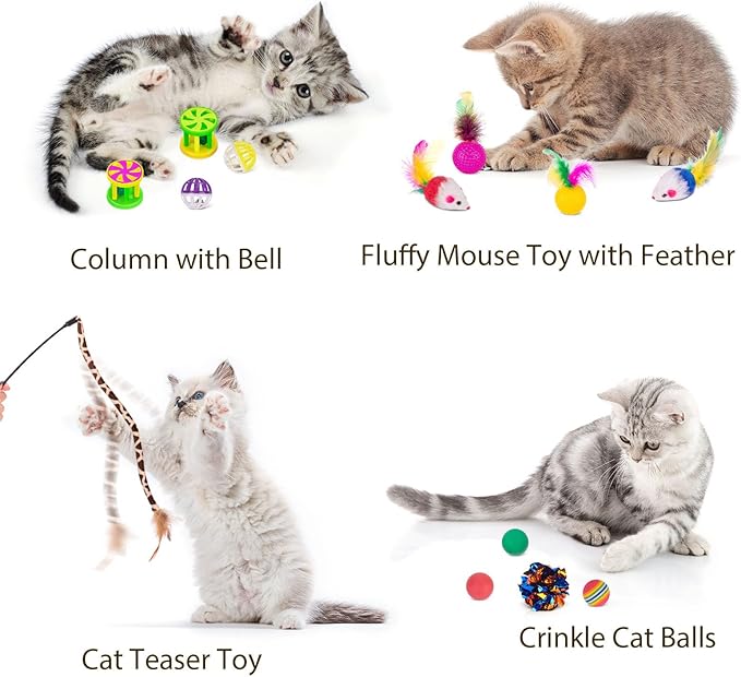 Retro Shaw Cat Toys for Indoor Cats 33 Pack,Kitten Toy Interactive Cat Feather Toy,Collapsible Cat Tunnel Tube Tent,Cat Springs Bell Rainbow Ball Crinkle Toy Mice Toy Pompom Ball Kitty Chase Exercise