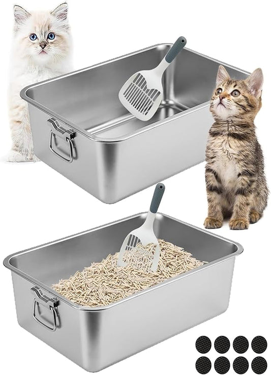BNOSDM 2 Pack Stainless Steel Litter Box Small with Handles (16" x 12" x 6") Metal Cat Litter Pan High Sided Cat Toilet with Litter Sifting Scoop for Rabbits Kittens