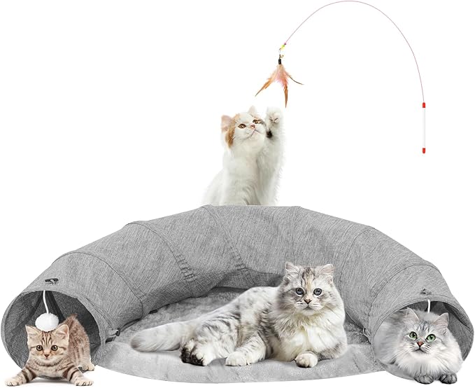Cat Tunnel, Collapsible Cat Tunnel Bed Sturdy Oxford Fabric for Indoor Cats,Interactive Hanging Ball Pet Tunnel Tube with Cat Teaser Stick (Grey)