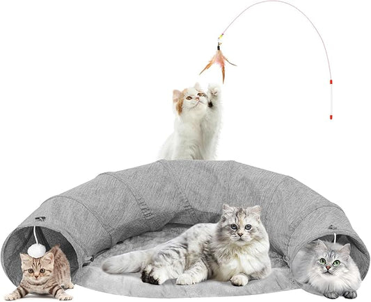 Cat Tunnel, Collapsible Cat Tunnel Bed Sturdy Oxford Fabric for Indoor Cats,Interactive Hanging Ball Pet Tunnel Tube with Cat Teaser Stick (Grey)