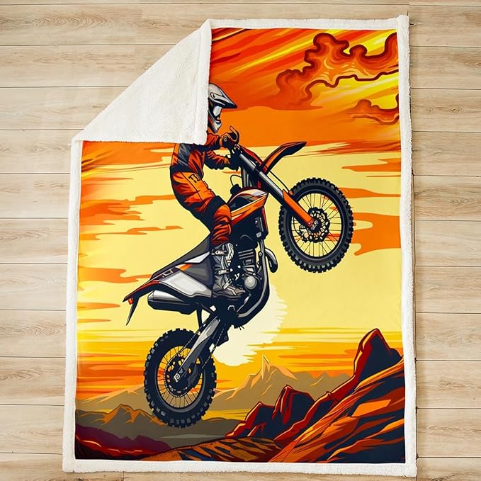 Feelyou Motocross Rider Fleece Blanket for Bed Sofa Extreme Sports Theme Sherpa Throw Blanket Motorcycle Pattern Plush Blanket Room Decor Dirt Bike Yellow Black Fuzzy Blanket Throw 50"x60"