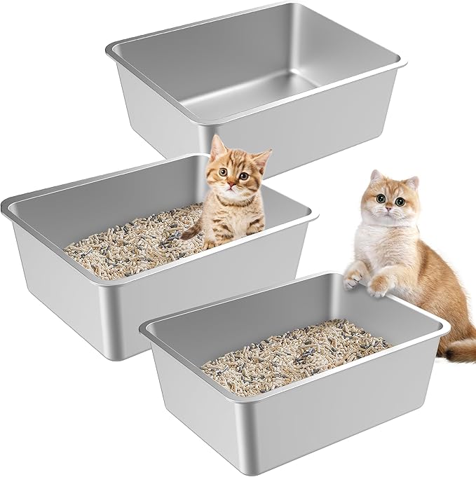 3 Pack Stainless Steel Cat Litter Box, Large Metal High Sides Litter Box for Kittens,19.7"x13.8"x5.9" Indoor Litter Tray Easy to Clean, Rust-Resistant, Odor-Free