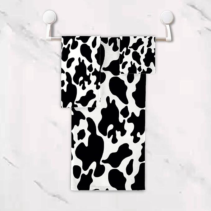 Cow 3 Piece Towel Bathroom Sets, 1 Bath Towel, 1 Washcloth, 1 Hand Towel, Cotton Fast Dry Soft Absorbent Towel Set for Home Kitchen Family