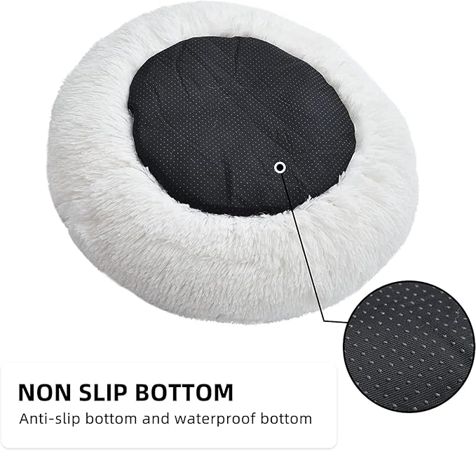 Cat Beds for Indoor Cats - Cat Bed Washable 20/24 inches, Dog Beds for Small Medium Dogs, Anti Anxiety Round Fluffy Plush Faux Fur Cat Bed, Thick Bottom (White, Medium)