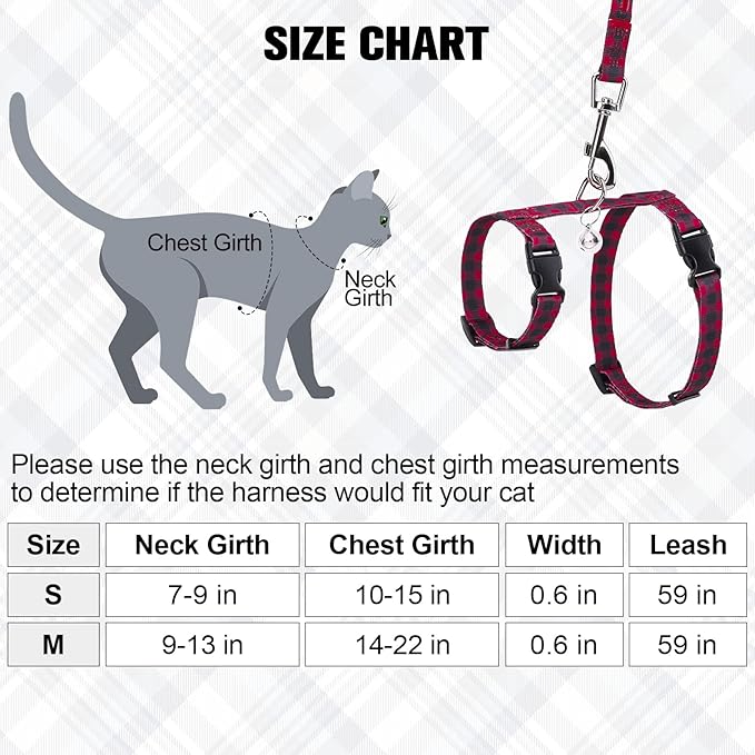 BEAUTYZOO Cat Harness and Leash Set Escape Proof for Walking, Kitten Soft Adjustable Vest Harnesses for Small Medium Large Cats, Easy Control Breathable Plaid Ribbon Nylon for Outdoor Indoor Use