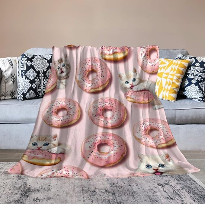 Donut Cat Blanket Donut Gifts for Girls Boys Woman Kids Donut Cat Lover Throw Blankets Soft Blanket Warm Fleece Flannel Plush Blankets for Bed Sofa Couch 50"x60"