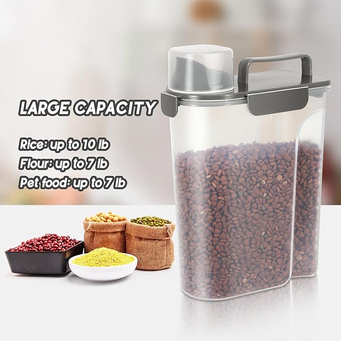 5-10LBS Rice Storage Container with Large Nozzle Design, 4 Safety Buckles, Double-Layer Sealing Strips and a Handle and Measuring Cup is Easy to Clean and Does BPA-free.