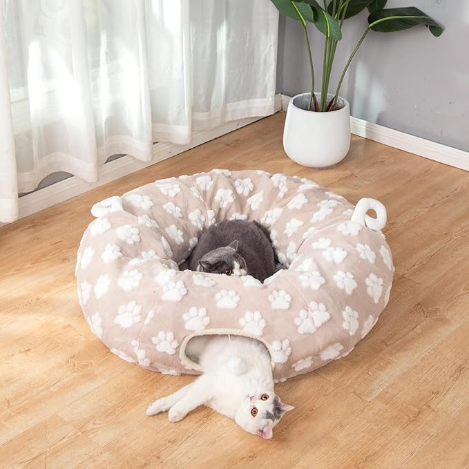 LUCKITTY Cat Tunnel Bed for Indoor Cats - Round Cat Tunnel Bed Donut Small Dog Bed Calming Pet Beds, Cute Modern Beds with Jacquard Shaggy Plush & Anti Slip Bottom, Khaki
