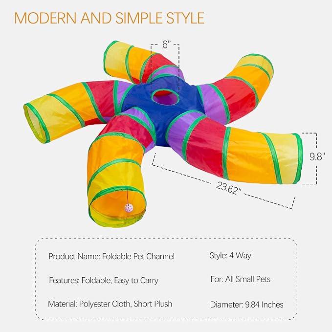 EGETOTA Cat Tunnel for Indoor Cats Large, with Play Ball S-Shape 5 Way Collapsible Interactive Peek Hole Pet Tube Toys, Puppy, Kitty, Kitten, Rabbit (Multicolor)