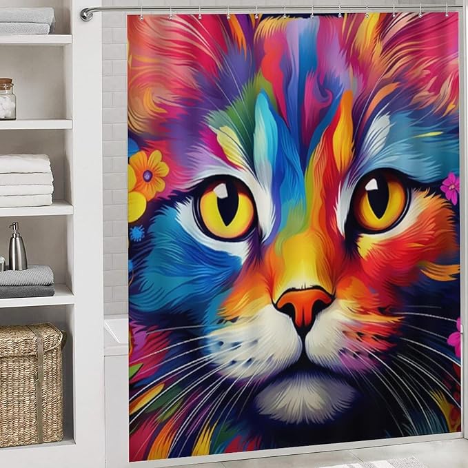 4Pcs Cool Watercolor Cat Shower Curtain Sets with Non-Slip Rugs, Toilet Lid Cover and U Shape Bath Mat, Abstract Flower Animal Bathroom Sets Waterproof Shower Curtains with 12 Hooks