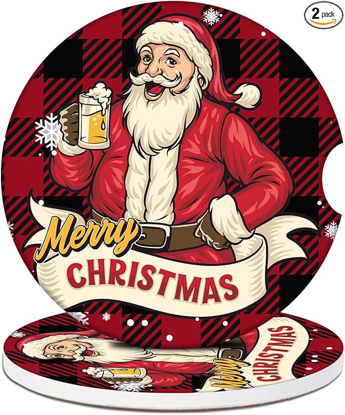 Car Cup Holder Coaster - Christmas Santa Absorbent Ceramic Coaster, Car Coasters for Cup Holders, Auto Accessories for Women & Men, Pack of 2