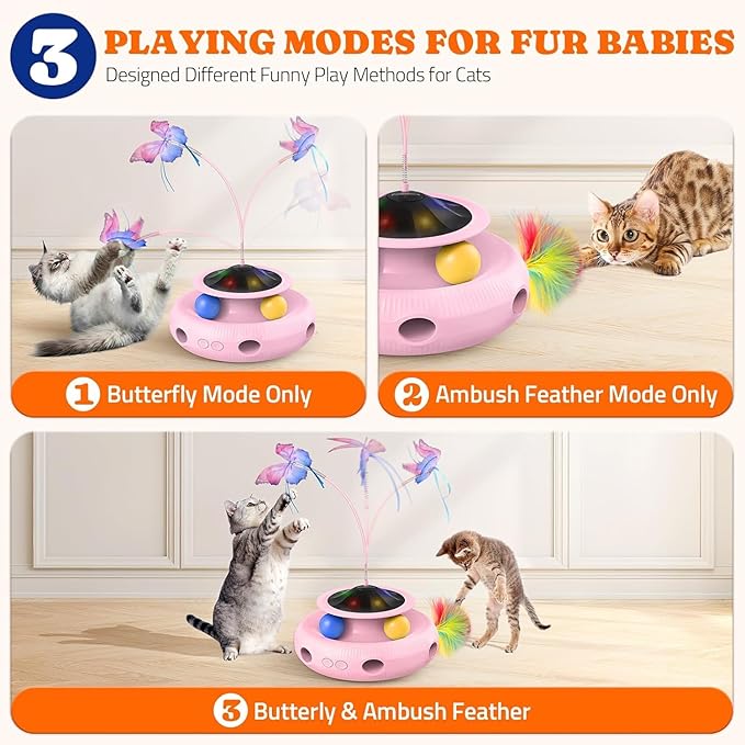 Interactive Cat Toy: 3 in 1 Automatic Cat Toy for Indoor Cats, Electric Kitten Toy with Rechargeable Battery, Self Play Kitty Toy with Rotating Fluttering Butterfly, Track Ball and Ambush Feather,Pink