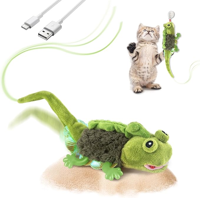 Migipaws Cat Toys, Touch Activated Flapping Chirping Lizard Kitten Toy with Catnip for Indoor Cats Kicker, Rechargeable （Green）