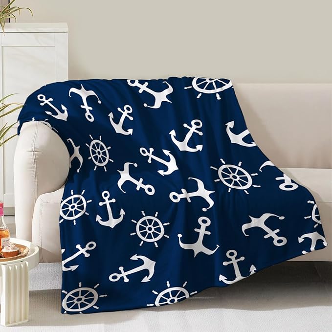 Nautical Anchor Blanket Gifts for Men Boys Dad Women Birthday Christmas Valentine Presents Sea Adventure Ocean Theme Decor Bedroom Living Room Couch Sofa Kids Adults Soft Cozy Throws Navy Blue 60"x50"