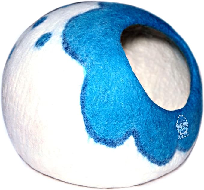 Felt Cat Cave Bed, Handmade Covered Cat Bed Cave, Wooly Cave for Cats, Dome Shaped Cat Pod, Cat Beds & Furniture, Felt Cat Beds for Indoor Cats (Turquoise and White with Dots)