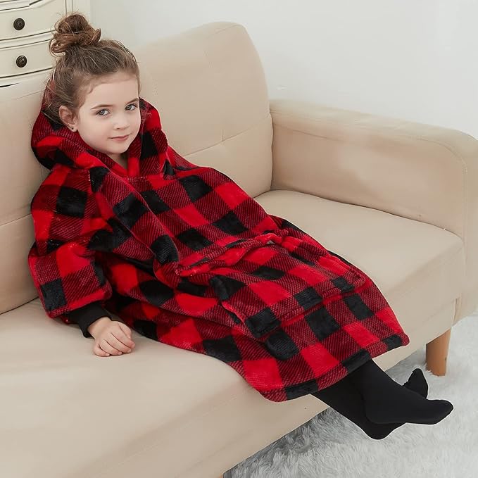 KFUBUO Wearable Blanket Hoodie for Kids Toddlers Sherpa Blanket Sweatshirt With Pocket Cute Hoodies 2-6 Year Old Girl Boy Christmas Gifts Red Plaid