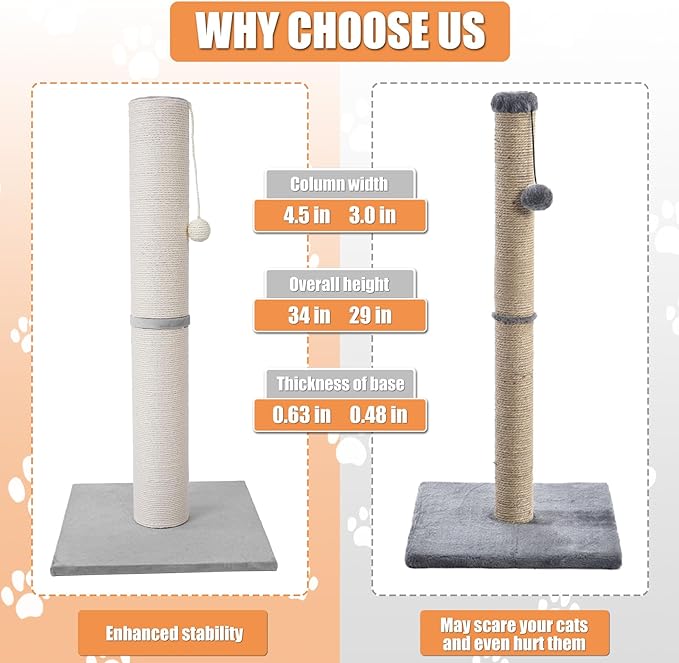 MumMarmot's Cat Scratching Post with Premium Sisal Rope 4.5 Inch Large Diameter Scratcher Post for Indoor Cats Beige（34 inch）