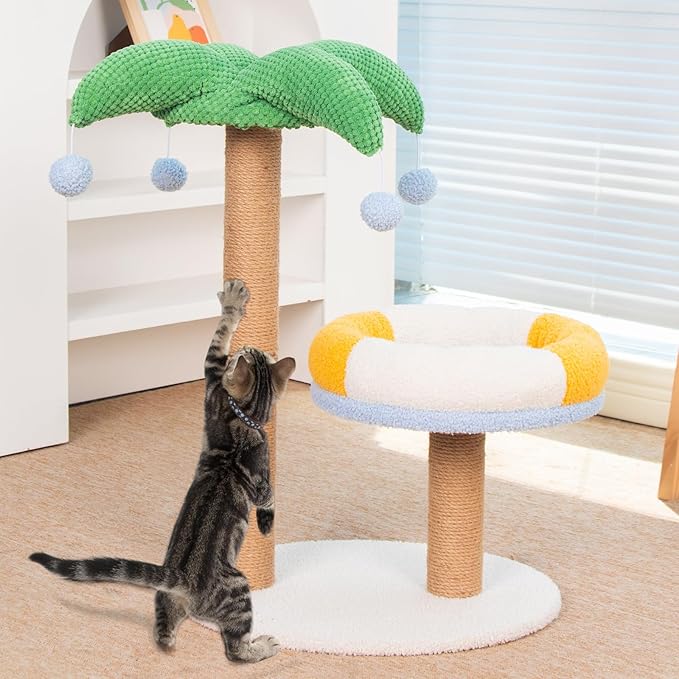 Cat Scratching Post Cat Tree Kitten Toys Kitten Scratcher Sisal Scratch Posts with Cat Bed and 4 Hanging Ball 27in Tall for Kittens or Smaller Cats