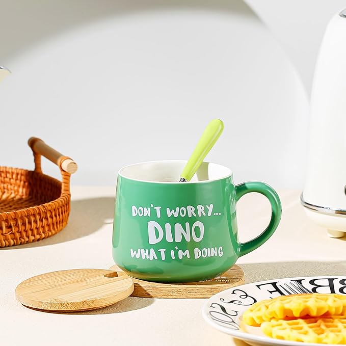 BigNoseDeer Cute Dinosaur Mug Ceramic Coffee Mug with 3D Cartoon Dino Inside,Funny Mugs with lid Spoon,White Elephant Gifts for Adults,Gag Gifts for Women Animal Gift Cute Stuff Cool Stuff