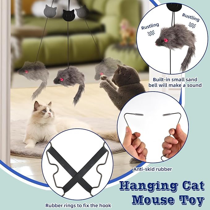 AccEncyc 3 Pack Interactive Cat Feather Toys Doorway Cat Toys for Indoor Cat Interactive Door Hanging Cat Toys Retractable Teaser Toy Over The Door Cat Toys Mouse Hanging String Toys for Cats (Mixed)