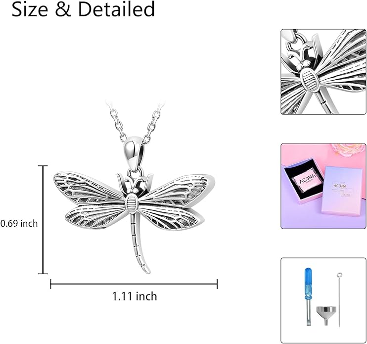 925 Sterling Silver Cremation Jewelry Dragonfly Butterfly Urn Necklace Hold Two Dual Ash Necklace for Loved Ones Cremains Keepsake Memorial Gift for Women